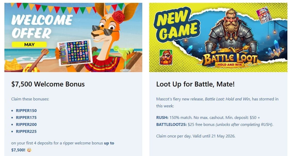Ripper Casino Bonus 2026 – A$7,500 Welcome & Cashback image 1